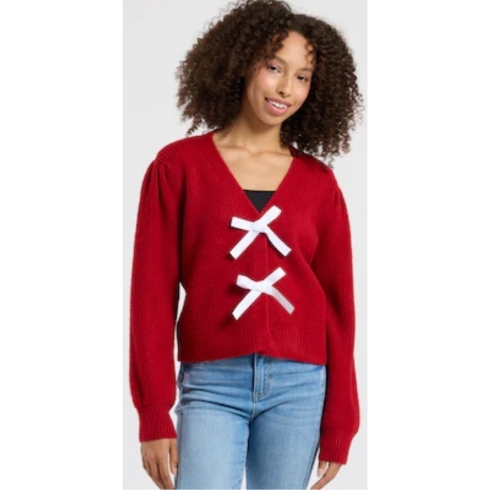 Major Major Label Group Red Ribbed White Bow Puff Sleeve Sweater Small‎ NWOT